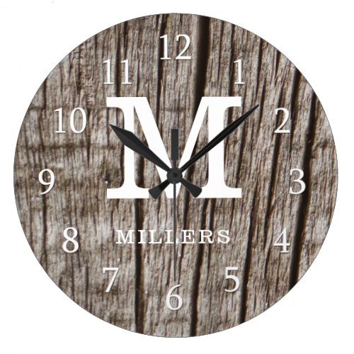 Rustic Brown Wood Family Name Monogram Initial Large Clock