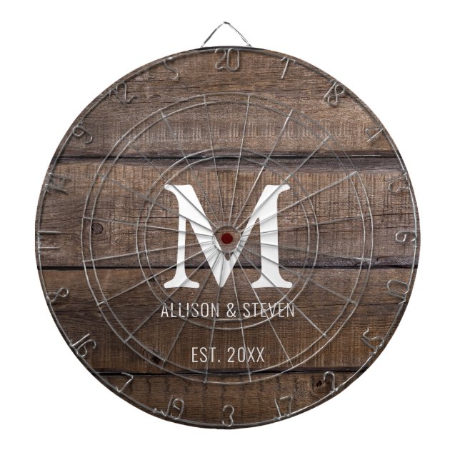 Rustic Brown Wood Farmhouse Family Monogram Dart Board (Front)