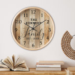 Rustic Brown Wood Farmhouse Family Name  Clock<br><div class="desc">Gray Wood Family Name Farmhouse Wall Clock - Farmhouse style wall clocks for the perfect addition to give your kitchen a country decor look.Personalize with family name and established year for an unique farmhouse wall clock.</div>