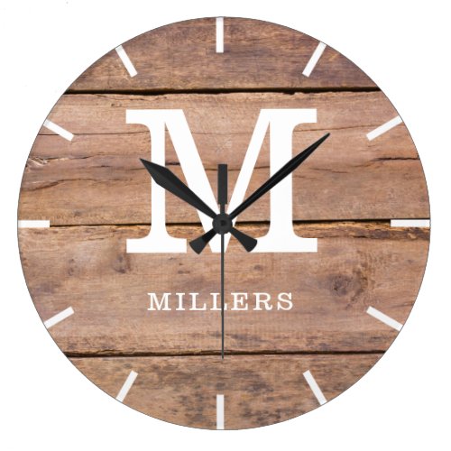 Rustic Brown Wood Farmhouse Monogram Name Large Clock