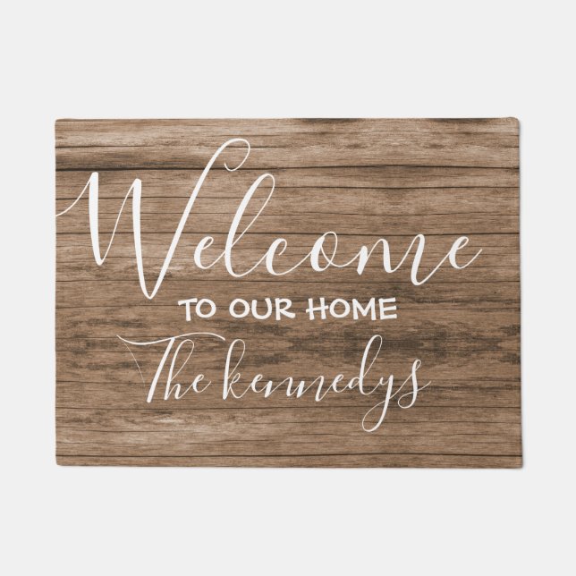 Rustic Brown Wood Farmhouse Welcome Doormat (Front)