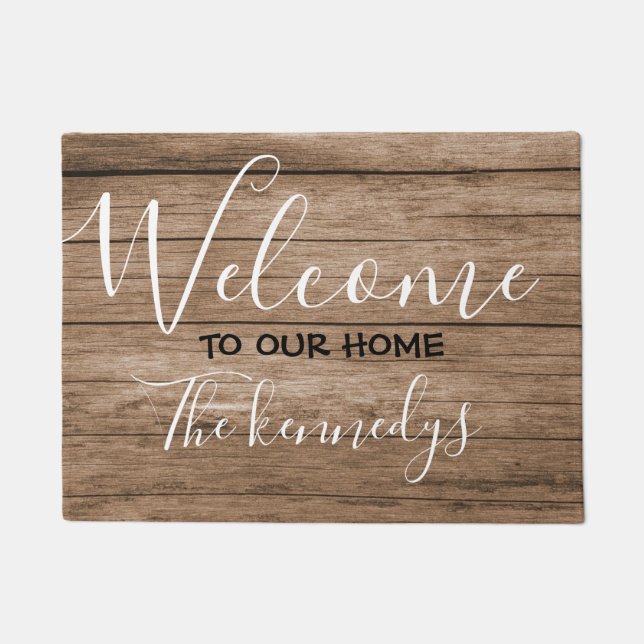 Rustic Brown Wood Farmhouse Welcome Doormat (Front)