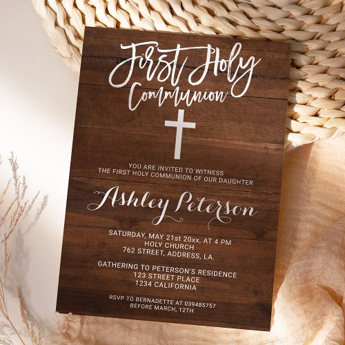 Rustic brown wood first holy communion invitation