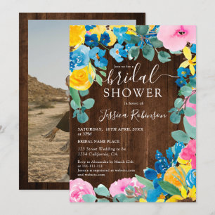 Rustic brown wood floral photo bridal shower invitation