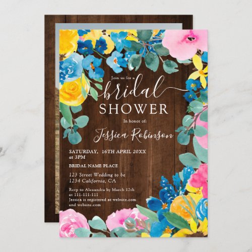 Rustic brown wood floral photo bridal shower invitation