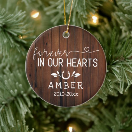 Rustic Brown Wood Forever In Our Hearts Horseshoe Ceramic Ornament