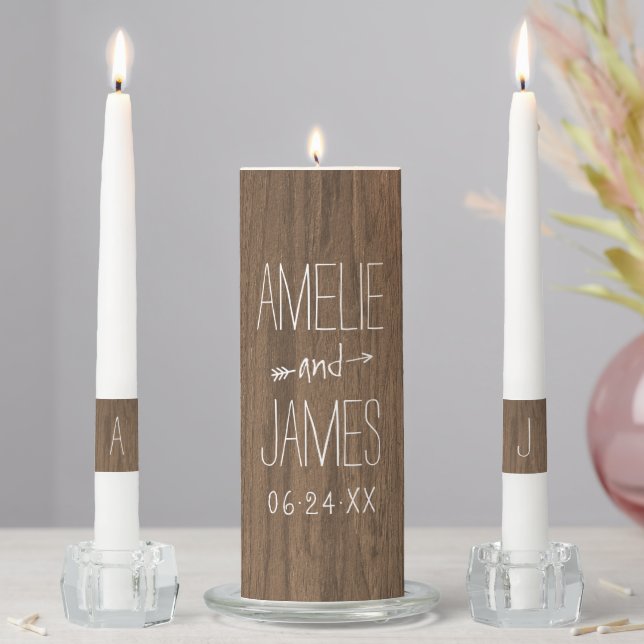 Rustic Brown Wood Grain Monogram Unity Candle Set (In Situ)