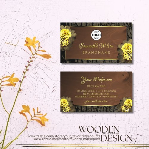Rustic Brown Wood Grain Tree Bark Floral with Logo Business Card