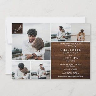 Rustic brown wood initials 6 photos wedding invitation