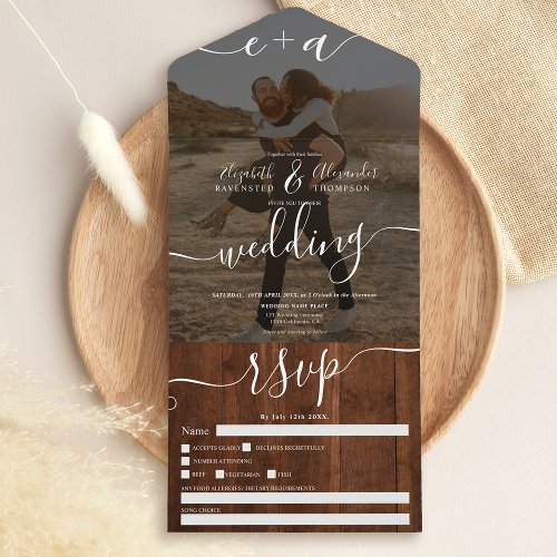 Rustic brown wood initials photo wedding all in one invitation