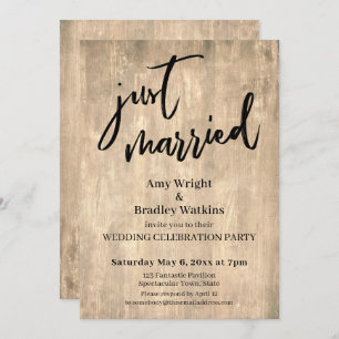 Rustic Brown Wood Just Married Wedding Reception Invitation