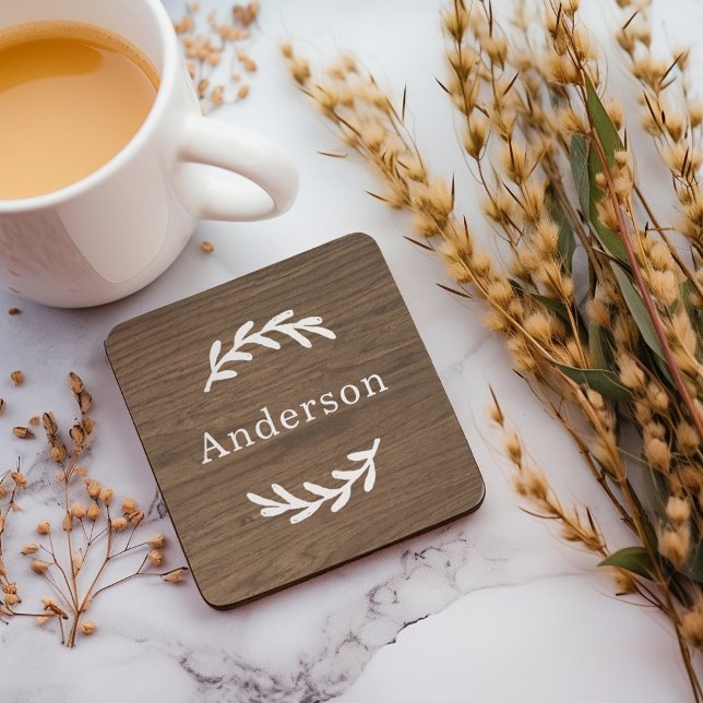 Rustic Brown Wood Laurel Monogram Name Beverage Coaster (Creator Uploaded)