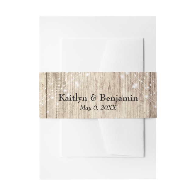 Rustic Brown Wood & Light Strings Personalized Invitation Belly Band (Front Example)