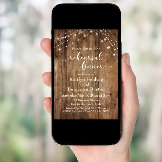 Rustic Brown Wood & Light Strings Rehearsal Dinner Invitation (Front Digital)