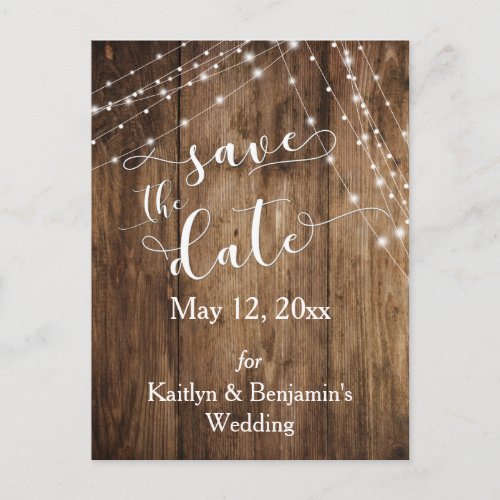 Rustic Brown Wood Light Strings Save the Date Announcement Postcard
