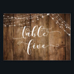 Rustic Brown Wood & Light Strings Table Five Card<br><div class="desc">This rustic, elegant wedding and event invitation suite of designs presents some popular wedding design trends combined in a fresh way. With a rich brown wood background and dual strings of twinkling light accents, I've combined a beautiful modern script font to render graphics depicting key words and phrases in the...</div>