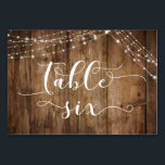 Rustic Brown Wood & Light Strings Table Six Card<br><div class="desc">This rustic, elegant wedding and event invitation suite of designs presents some popular wedding design trends combined in a fresh way. With a rich brown wood background and dual strings of twinkling light accents, I've combined a beautiful modern script font to render graphics depicting key words and phrases in the...</div>