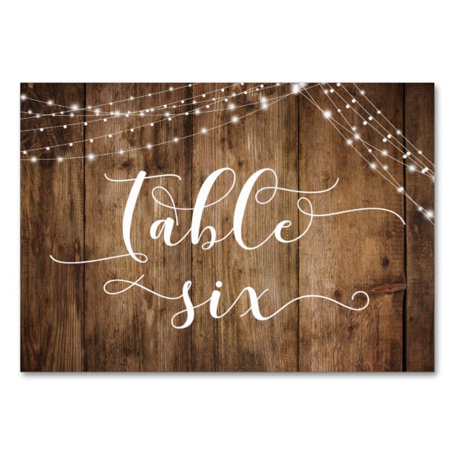 Rustic Brown Wood & Light Strings Table Six Card (Front)