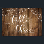 Rustic Brown Wood & Light Strings Table Three Card<br><div class="desc">This rustic, elegant wedding and event invitation suite of designs presents some popular wedding design trends combined in a fresh way. With a rich brown wood background and dual strings of twinkling light accents, I've combined a beautiful modern script font to render graphics depicting key words and phrases in the...</div>