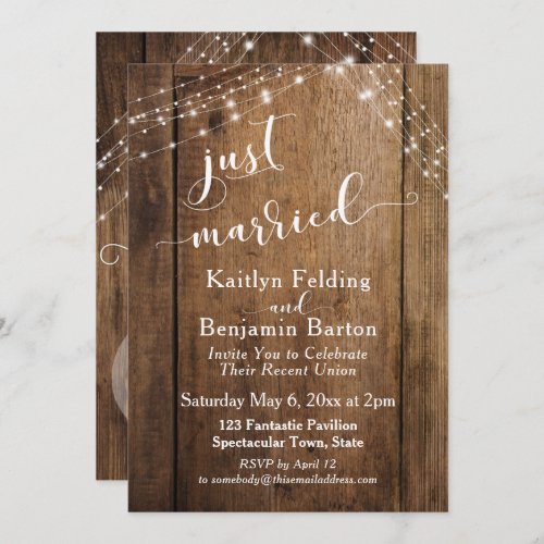 Rustic Brown Wood  Lights Just Married Event Invitation