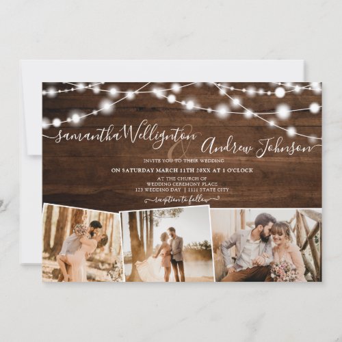 Rustic brown wood lights script 4 photos wedding invitation