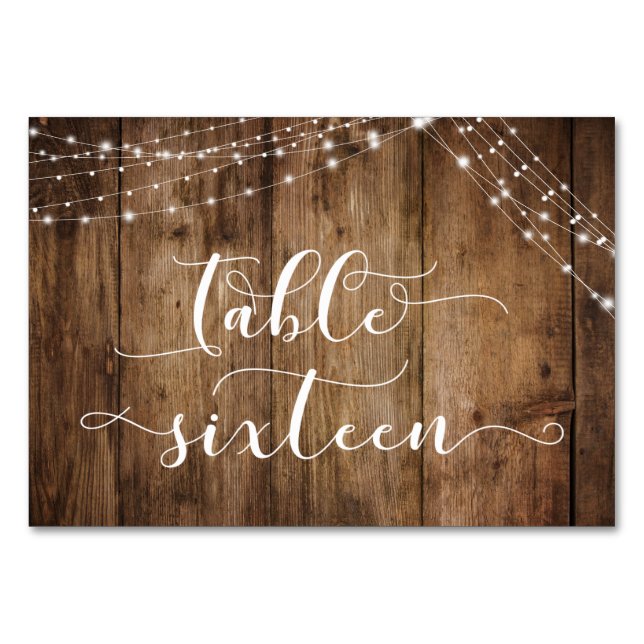 Rustic Brown Wood & Lights Table Sixteen Card (Front)