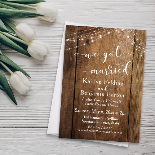 Rustic Brown Wood  Lights We Got Married Event Invitation