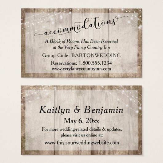 Rustic Brown Wood & Lights Wedding Accommodations (Front & Back)