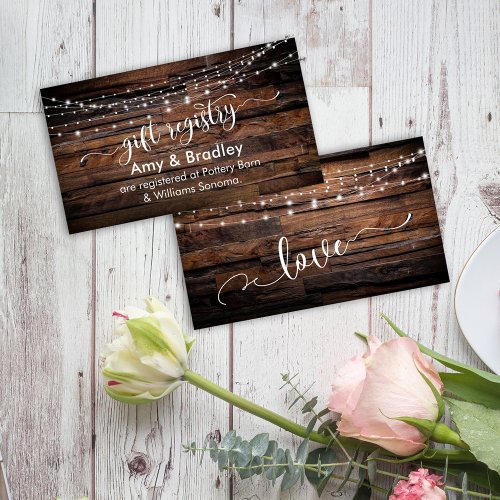 Rustic Brown Wood  Lights Wedding Gift Registry Enclosure Card