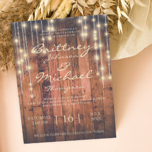Rustic Brown Wood & Lights   Wedding Invitation