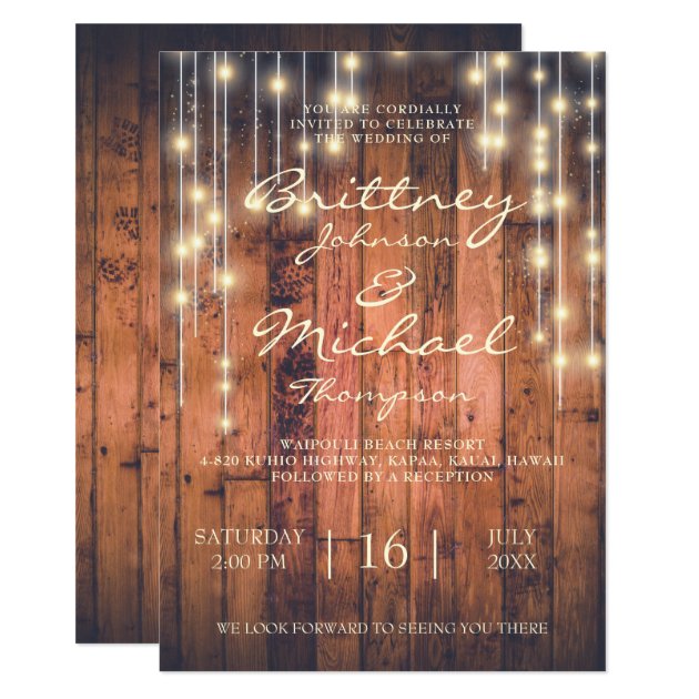 Rustic Brown Wood & Lights | Wedding Invitation