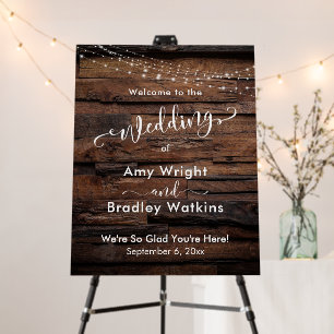 Rustic Brown Wood & Lights Wedding Welcome Foam Board