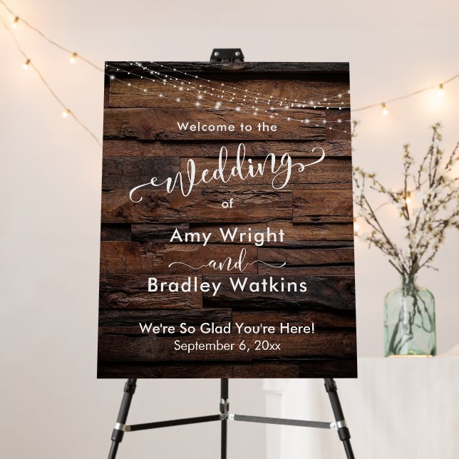 Rustic Brown Wood & Lights Wedding Welcome Foam Board (In Situ (Stand))