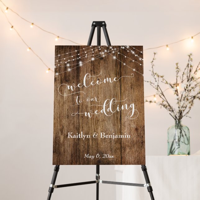Rustic Brown Wood & Lights Wedding Welcome Foam Board (In Situ (Stand))