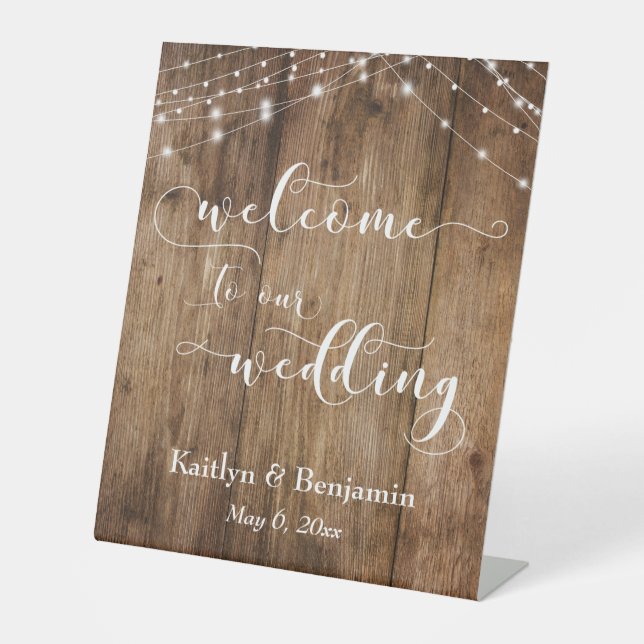 Rustic Brown Wood & Lights Wedding Welcome Sign (Front)