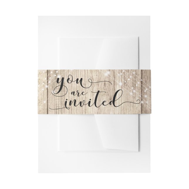 Rustic Brown Wood & Lights "You are Invited" Invitation Belly Band (Front Example)