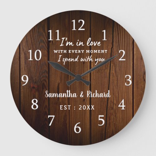 Rustic Brown Wood Love Quote Wedding Anniversary   Large Clock