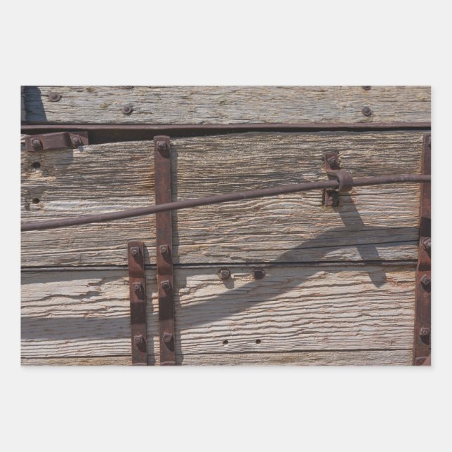 Rustic brown wood metal design wrapping paper sheets (Front)