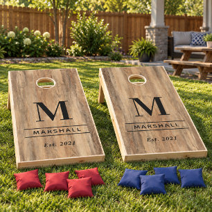 Rustic Brown Wood Monogram Wedding Family Cornhole Set