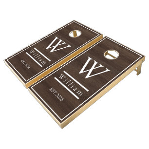Rustic Brown Wood Monogrammed Name Cornhole Set
