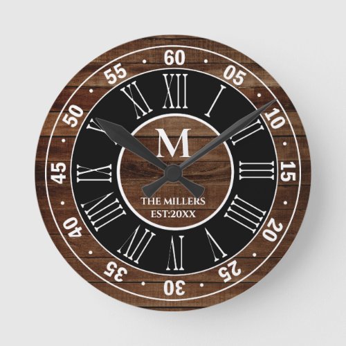 Rustic Brown Wood Pallet Roman Numeral Monogram Round Clock