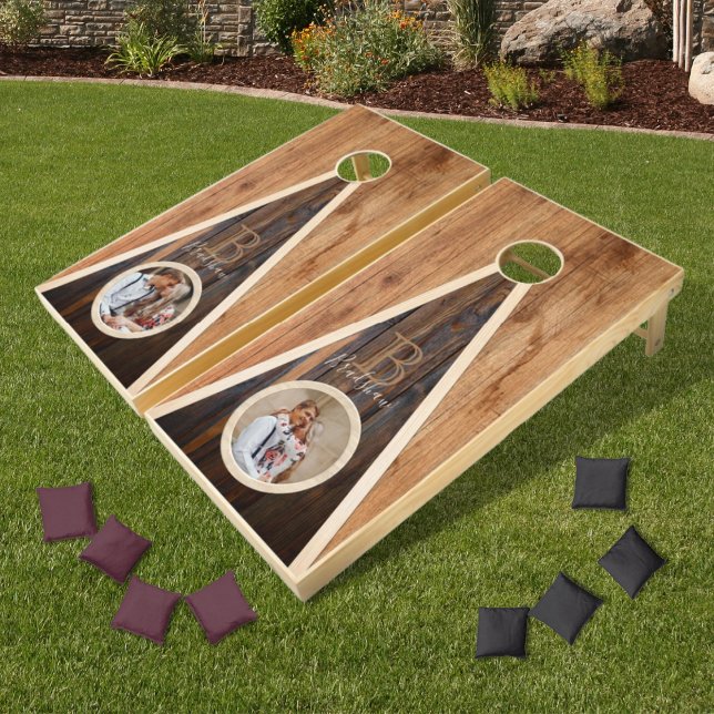 Rustic Brown Wood Photo Monogram Triangle Design Cornhole Set (Creator Uploaded)