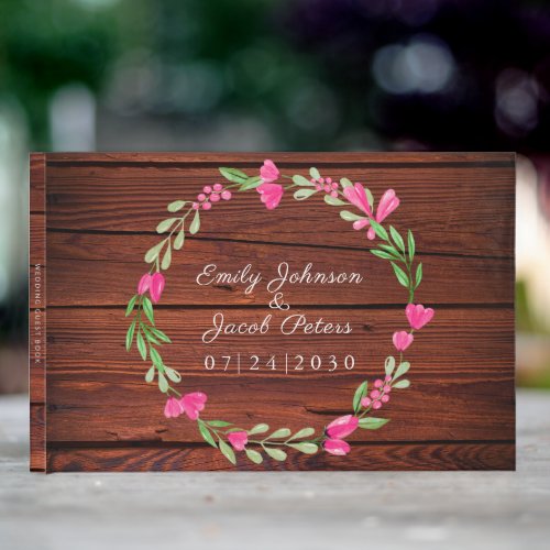 Rustic Brown Wood Pink Floral Country Wedding Guest Book