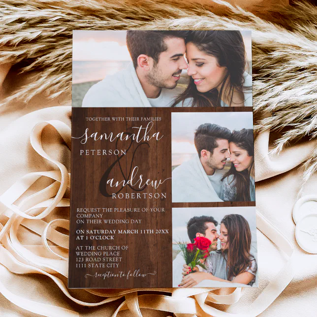 Rustic Brown Wood Script 3 Photos Wedding Invitation 