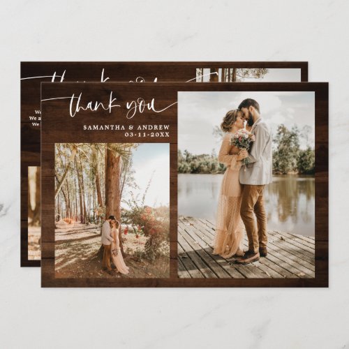 Rustic brown wood script 5 photo thank you wedding