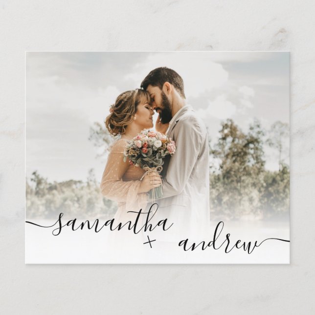 Rustic brown wood script 5 photos budget wedding (Front)