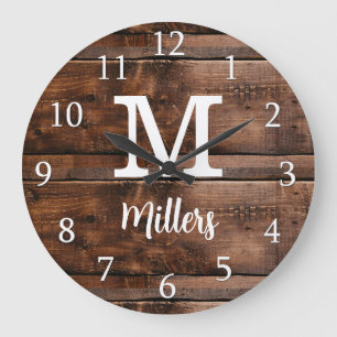 Rustic Brown Wood Script Family Name Monogrammed Large Clock