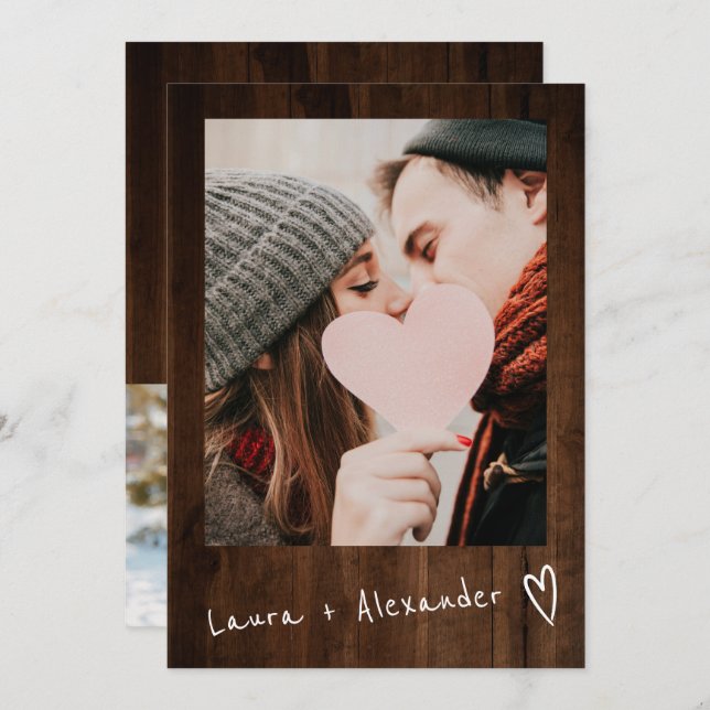 Rustic brown wood script heart 2 photos wedding invitation (Front/Back)