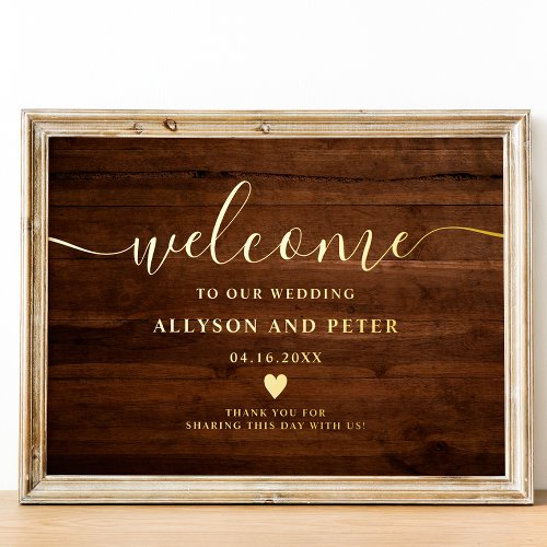 Rustic brown wood script wedding welcome foil prints