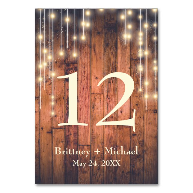 Rustic Brown Wood String Light Table Card (Front)